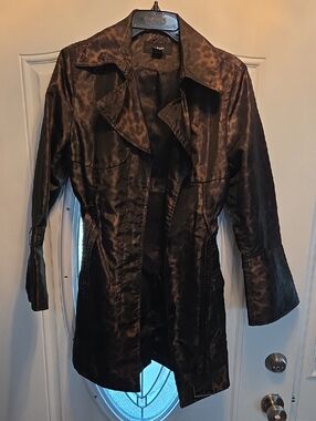 Alfani Brown Satin Leopard-Effect Trench Coat